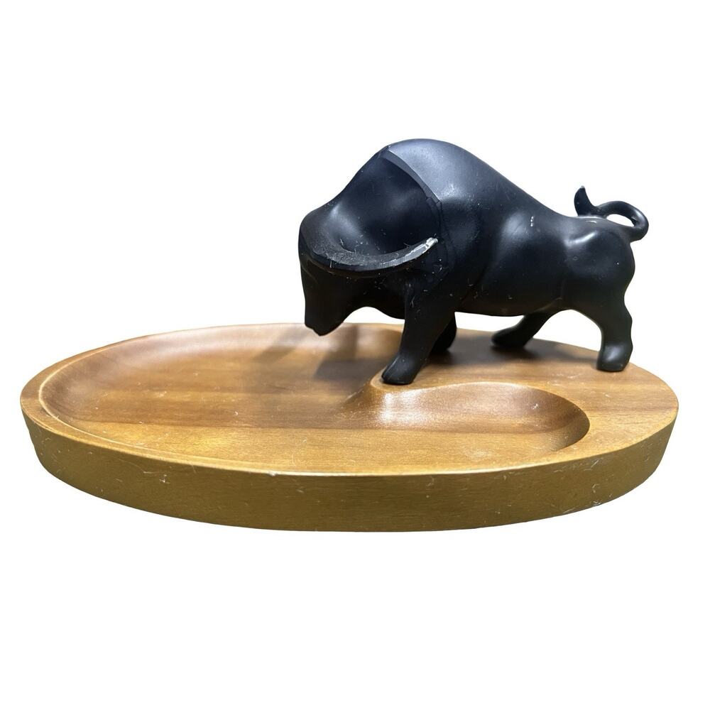Mid Century Iwachu Japanese Cast Iron Black Bull Wood Tray Room Friend Tadahiro